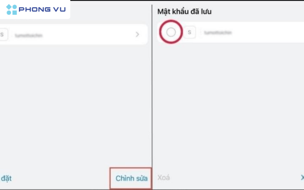 Tại góc dưới cùng bên phải nhấn vào Chỉnh sửa > Nhấn vào trang web muốn xóa mật khẩu rồi chọn Xóa