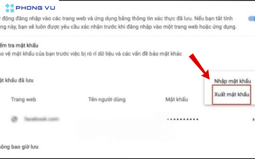 Đề xuất mật khẩu ở mục “Mật khẩu đã lưu” > Nhấp biểu tượng Xem thêm > Xuất mật khẩu