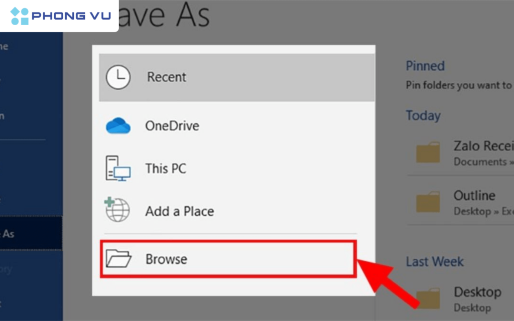 Chi tiết cách lưu file Word trên máy tính, điện thoại cực dễ 3 Nhấn vào Browse để thực hiện cách lưu file Word vào thư mục