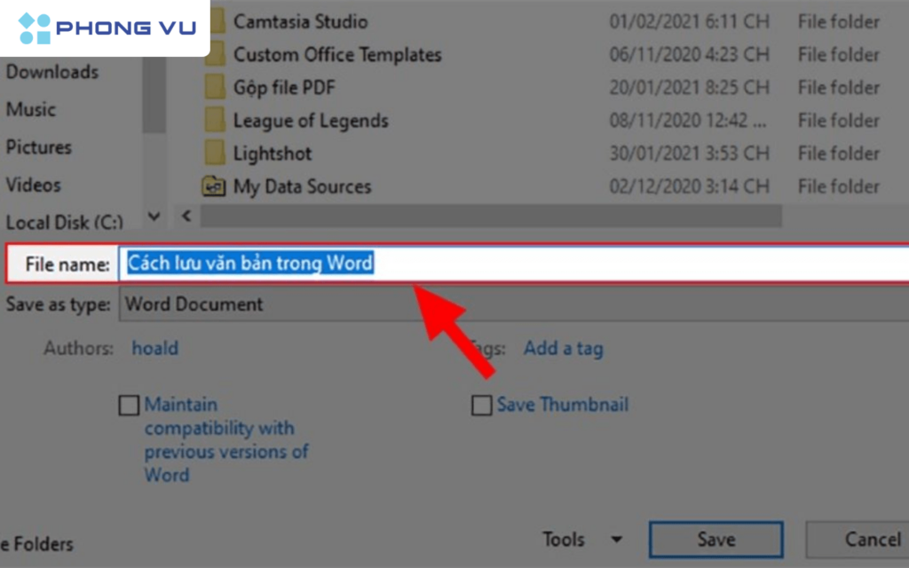 Chi tiết cách lưu file Word trên máy tính, điện thoại cực dễ 4 Trong hộp thoại xuất hiện, đặt tên file và chọn vị trí lưu file