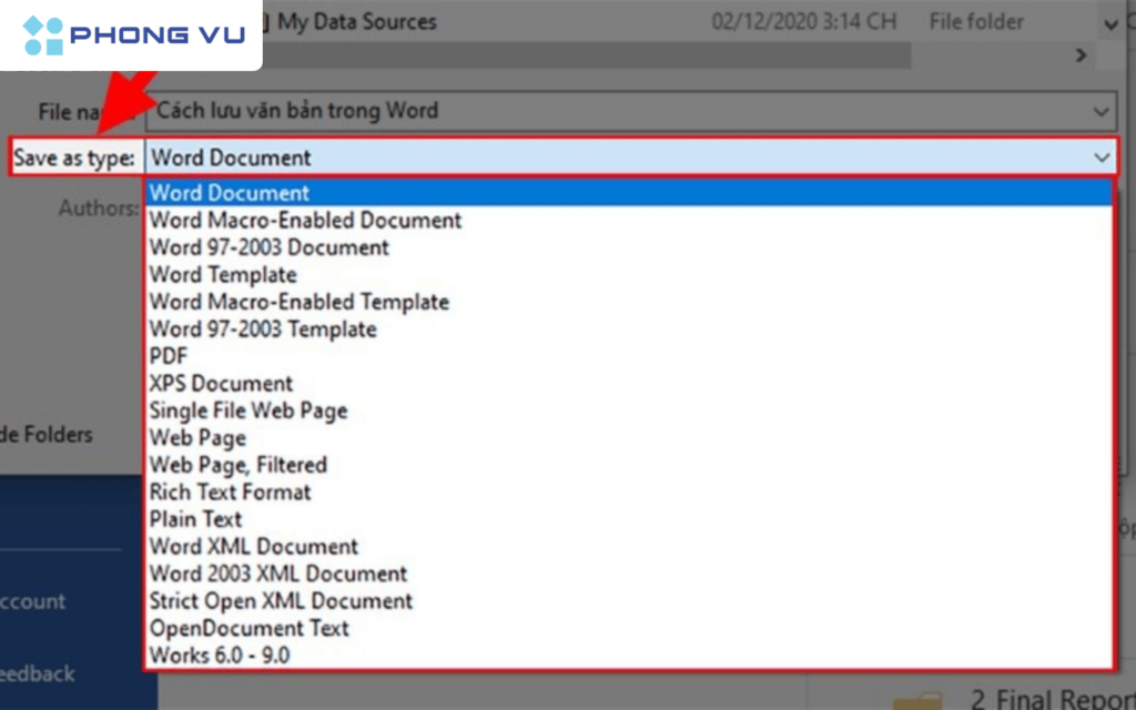 Chi tiết cách lưu file Word trên máy tính, điện thoại cực dễ 5 Tại mục “ Save as type” chọn kiểu thư mục muốn lưu file