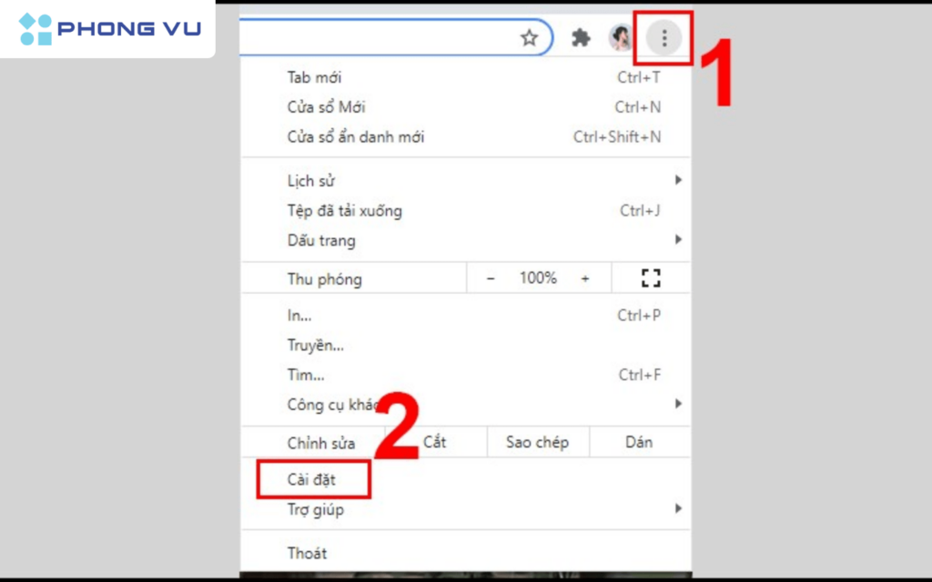 Mở Google Chrome > Chọn biểu tượng ba chấm dọc > Nhấn chọn Cài đặt