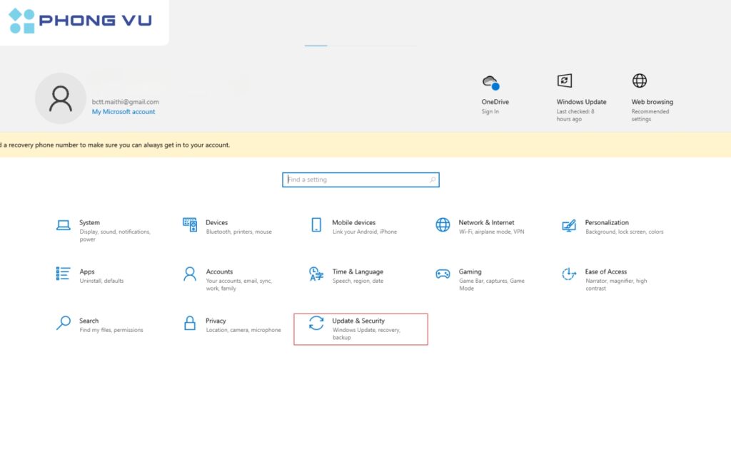 Chọn mục Updates and Security.