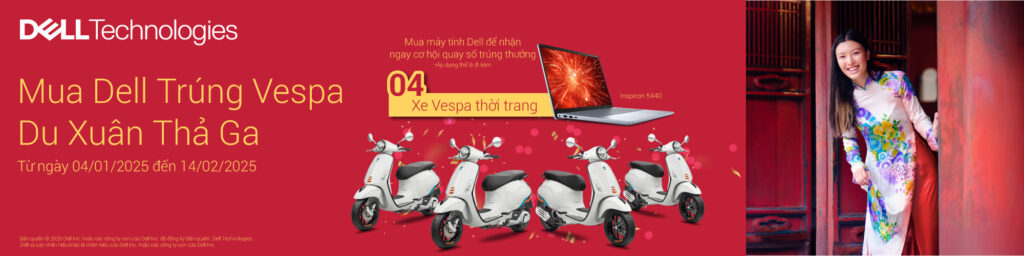 Khi mua laptop hoặc máy tính bàn DELL từ ngày 04/01/2025 đến 14/02/2025 khách hàng sẽ có cơ hội tham gia quay số trúng thưởng Vespa Primavera LED 125