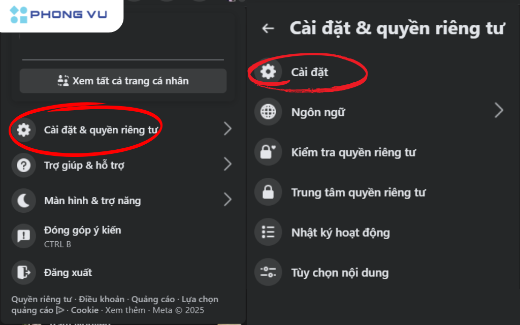 Chọn "Cài đặt & quyền riêng tư" -> "Cài đặt"