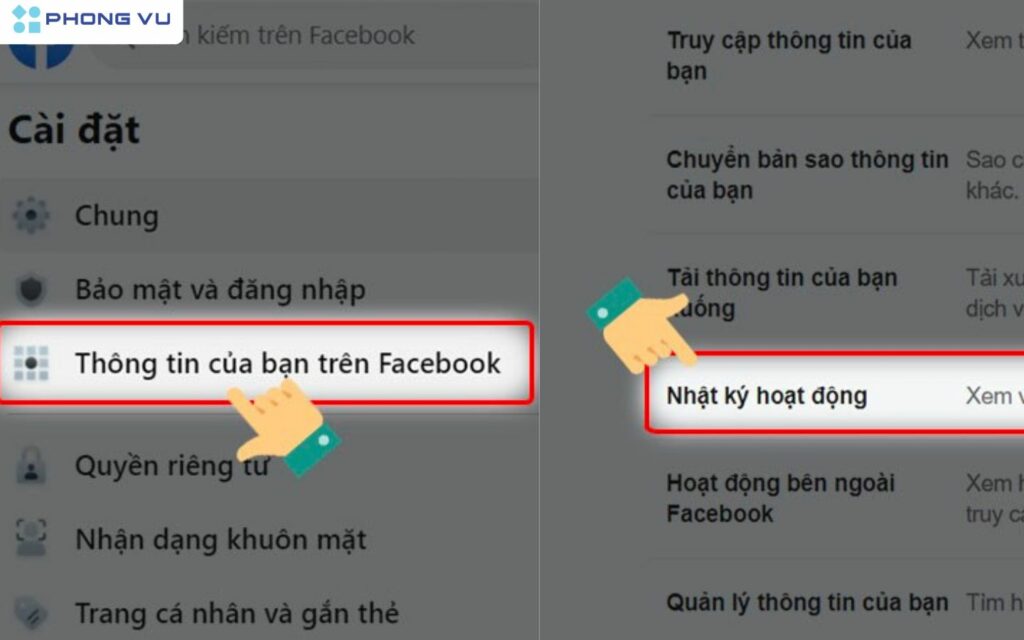 Chọn phần truy cập thông tin và phần Nhật ký hoạt động