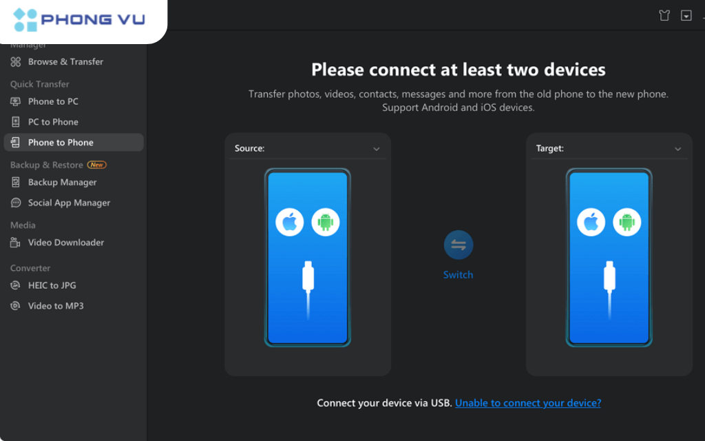 Chạy EaseUS MobiMover và điều hướng đến "Phone to Phone"