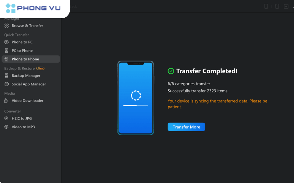 Chờ đợi cho đến khi quá trình đồng bộ hóa hoàn tất.  Đi tới các ứng dụng liên quan để kiểm tra nội dung.