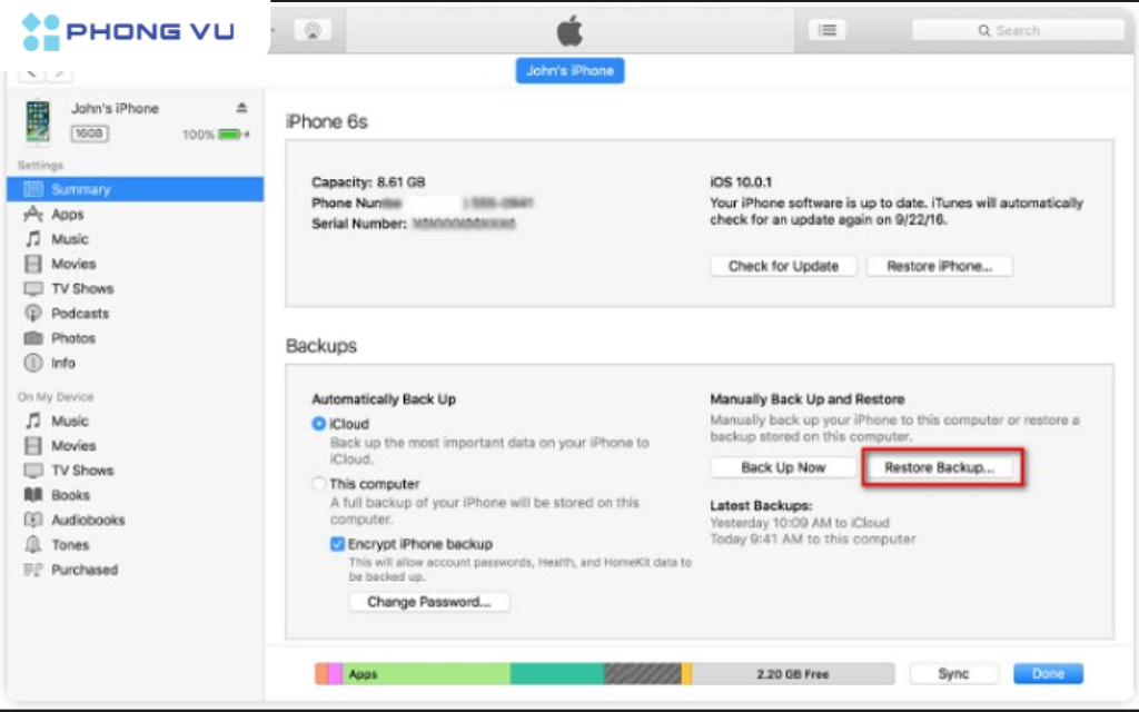 Chọn tùy chọn "Khôi phục Sao lưu" và chọn bản sao lưu chính xác