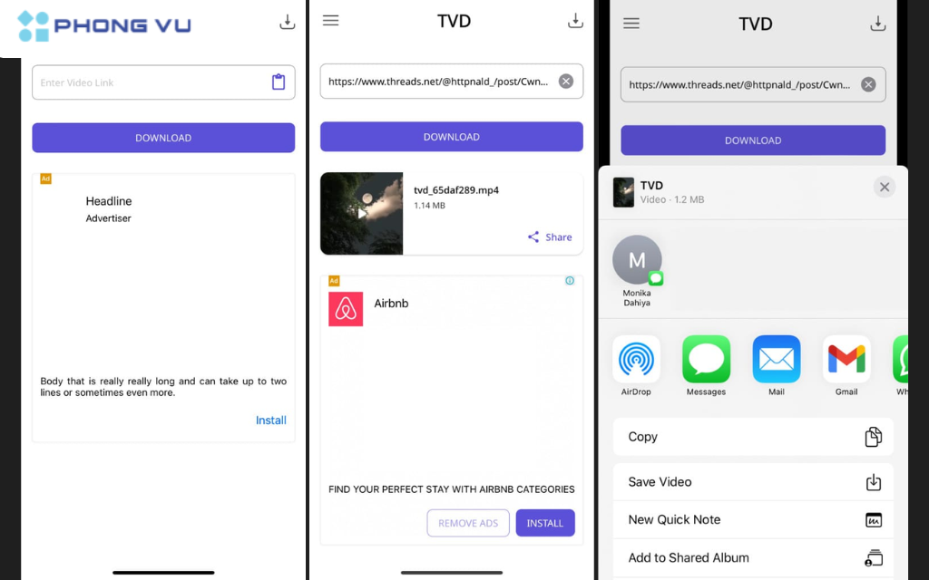 Để lưu video vào thư viện ảnh, bạn cần mở video trong ứng dụng tải về, nhấn nút "Chia sẻ" và chọn "Lưu video"