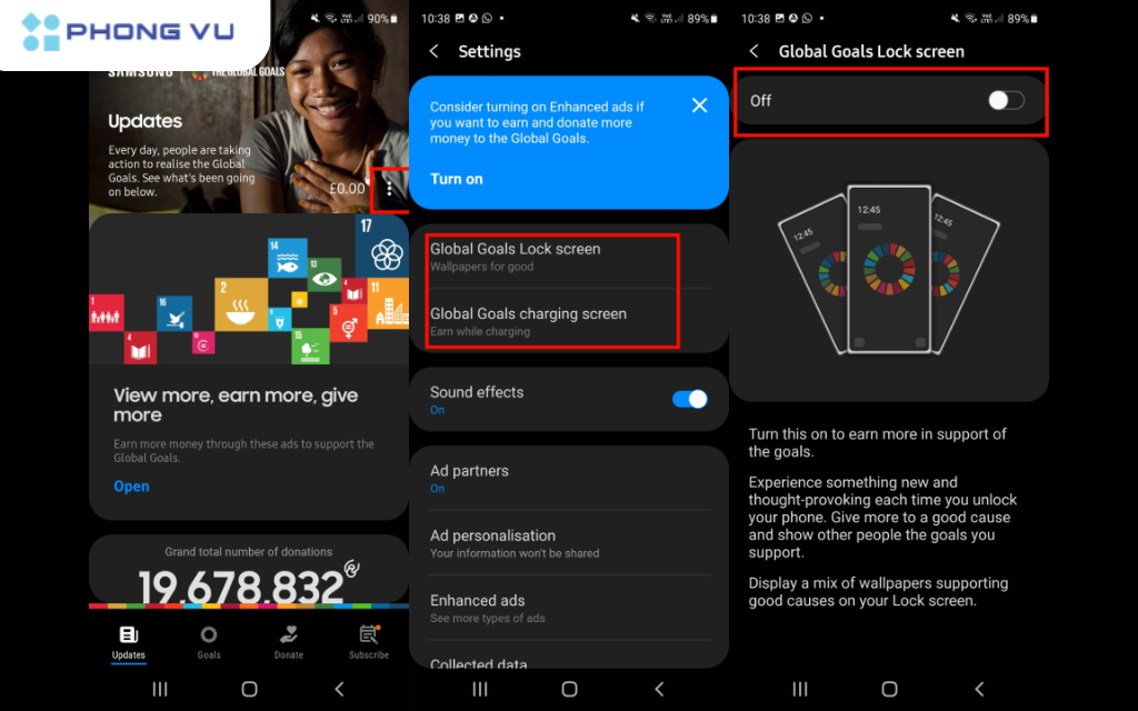 Nếu bạn đã thiết lập Samsung Global Goals, bạn có thể thấy quảng cáo xuất hiện trên màn hình khóa khi đang sạc hoặc khi khóa màn hình