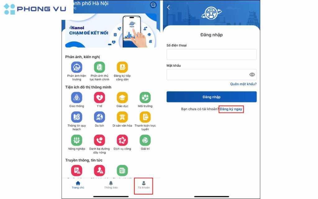 Chọn mục Tài khoản.