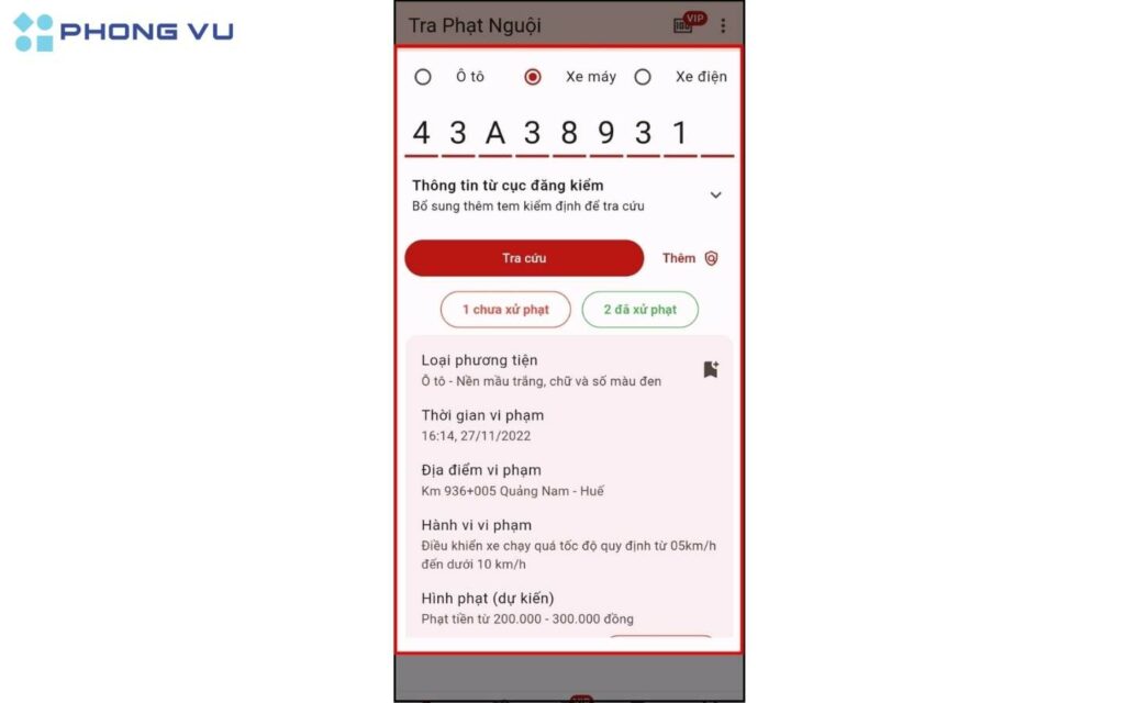 Ứng dụng sẽ hiển thị kết quả nếu có vi phạm. 