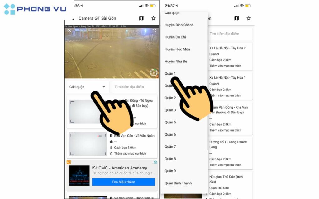 Nhấn vào mục Các quận.