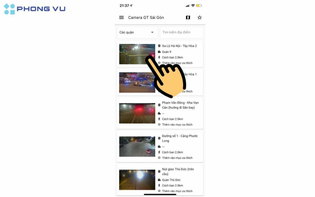 Chọn camera khu vực bạn muốn xem.