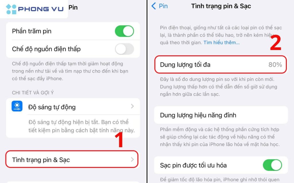 Chọn Tình trạng pin và quan sát ở mục  Dung lượng tối đa