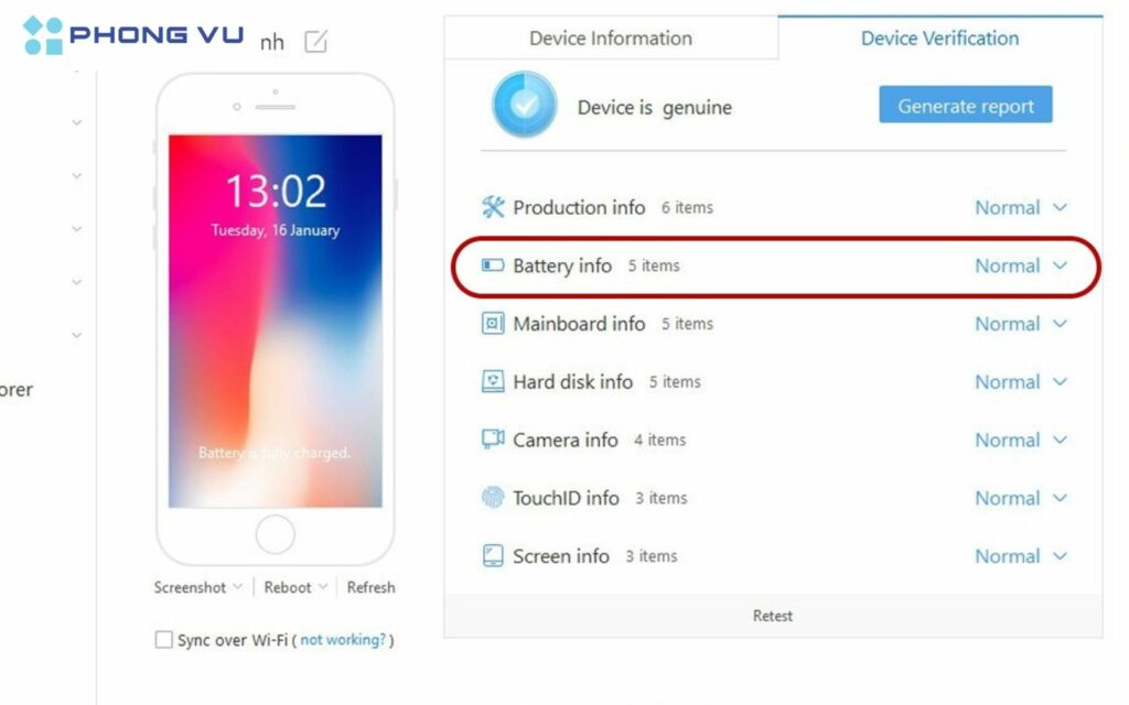 Quan sát mục Battery Info