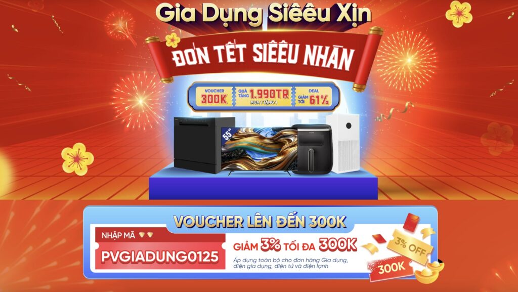Tiệc sale gia dụng Tết - Mua 1 tặng 1, giảm thêm 3%