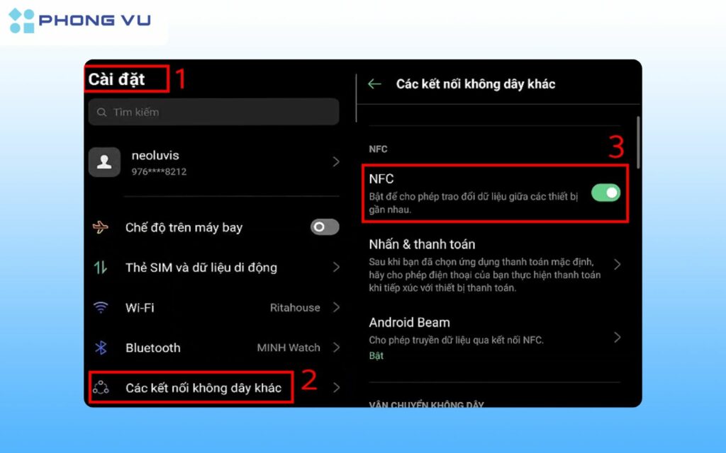 Nhấn bật tính năng NFC.