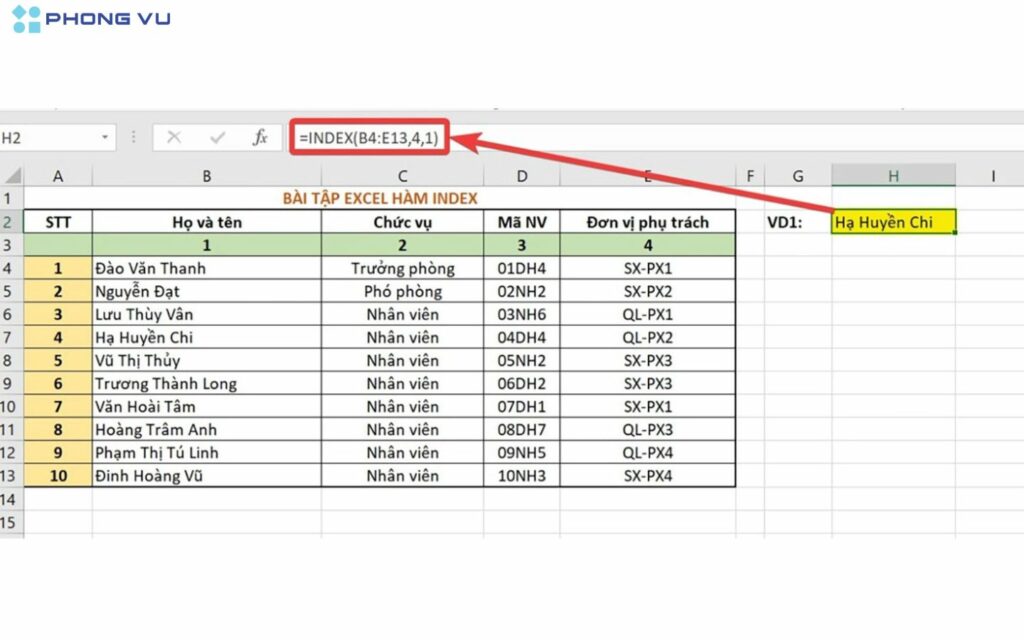 Trả về giá trị theo vị trí bằng hàm INDEX