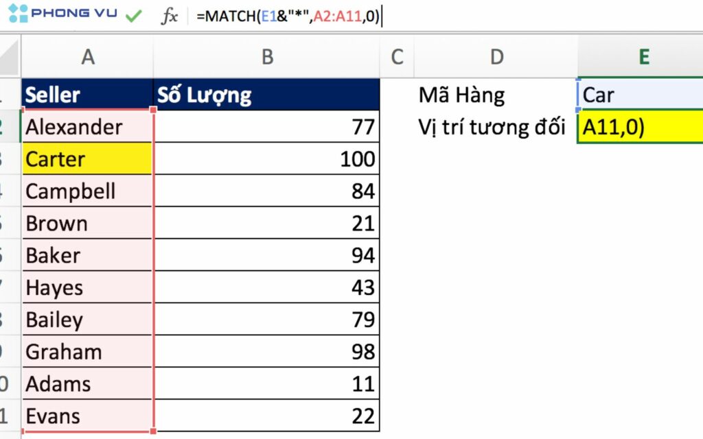 Cách tìm vị trí của giá trị bằng hàm MATCH