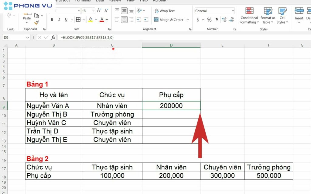 Tra cứu dữ liệu theo hàng ngang bằng hàm HLOOKUP