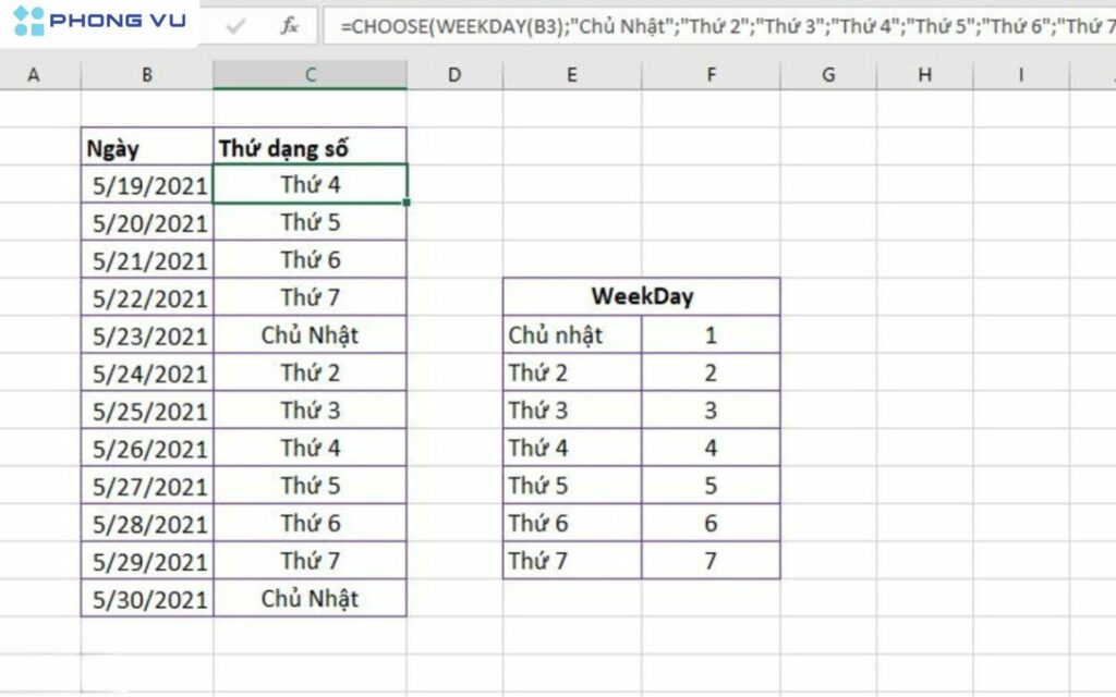 Chọn giá trị từ danh sách bằng hàm CHOOSE