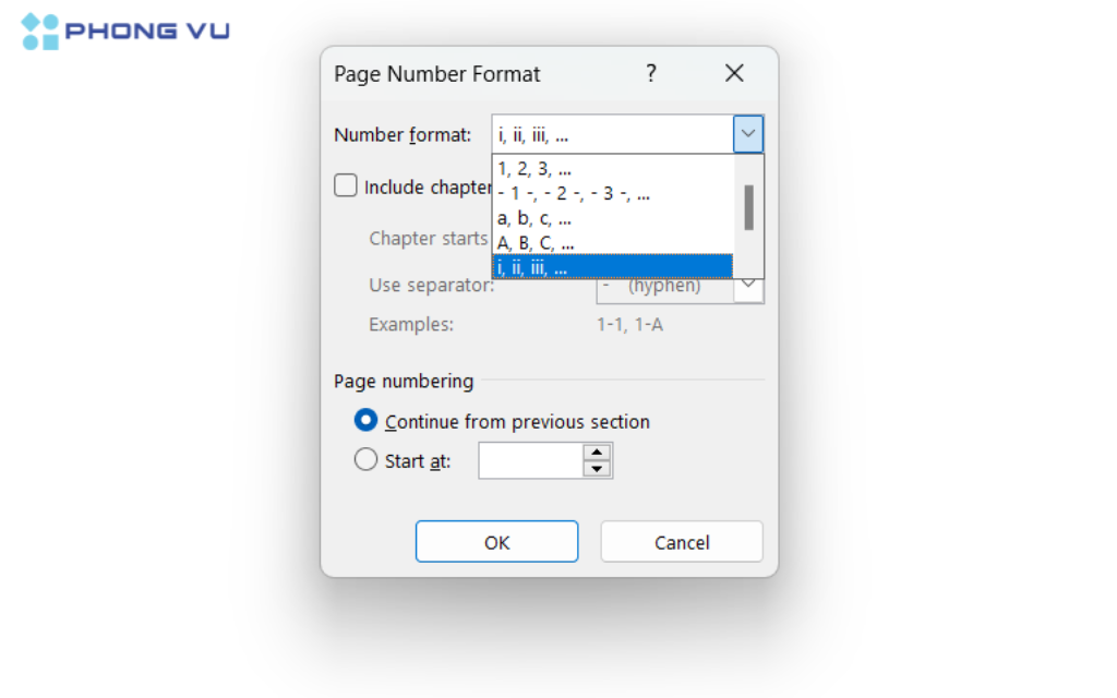 Trong mục "Number format", chọn định dạng số La Mã (i, ii, iii...) và nhấp "OK"