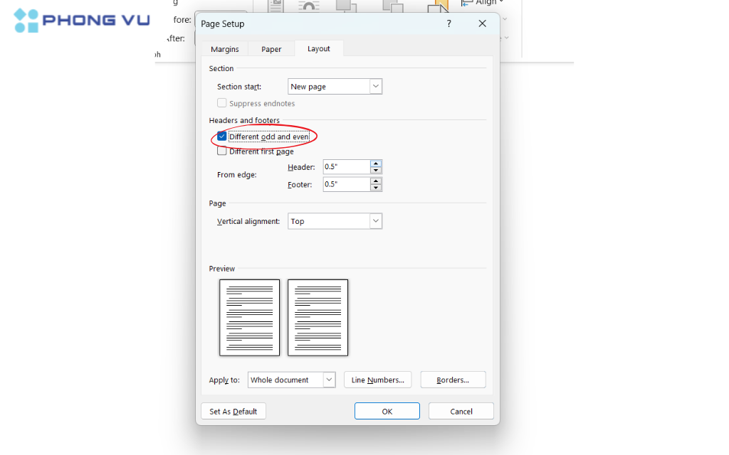 Trong tab "Layout" của hộp thoại Page Setup, chọn "Different odd and even"