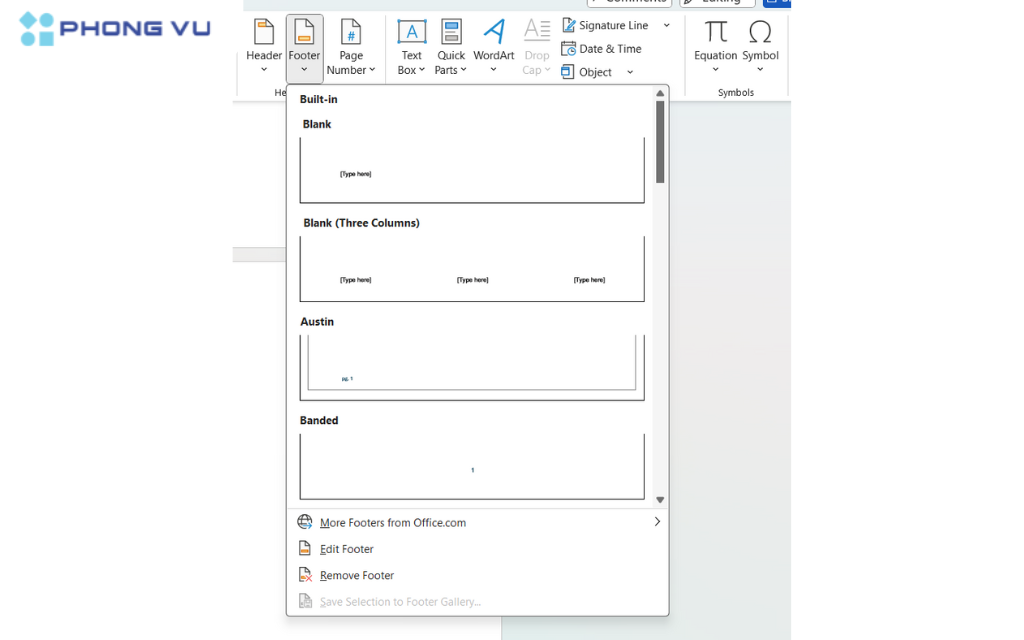Chuyển đến một trang chẵn bất kỳ. Chọn tab "Insert" -> "Footer" -> "Blank (Three Columns)"
