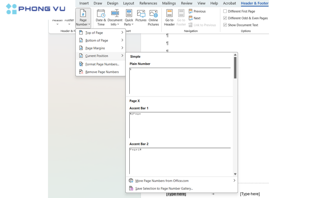 Trong footer trang chẵn, nhấp vào vùng "[Type here]" bên trái. Chọn tab "Header & Footer" -> "Page Number" -> "Current Position"