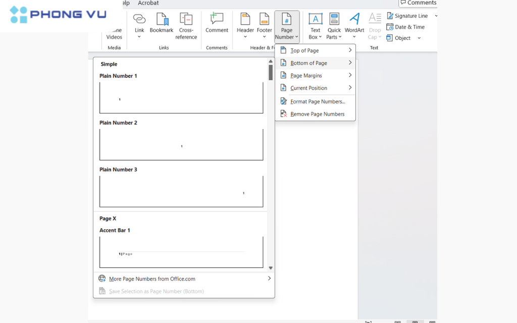 Chọn vị trí bạn muốn và kiểu dáng số trang phù hợp với tài liệu của bạn