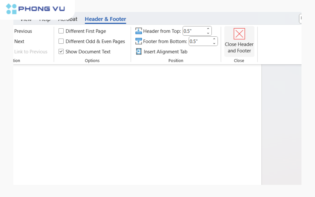 Nhấp vào nút "Close Header & Footer" trên Ribbon hoặc nhấp đúp vào bất kỳ vị trí nào ngoài vùng header/footer để quay lại nội dung tài liệu