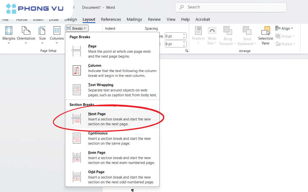 Chọn tab "Layout" -> "Breaks" -> "Section Breaks" -> "Next Page" để chèn ngắt section