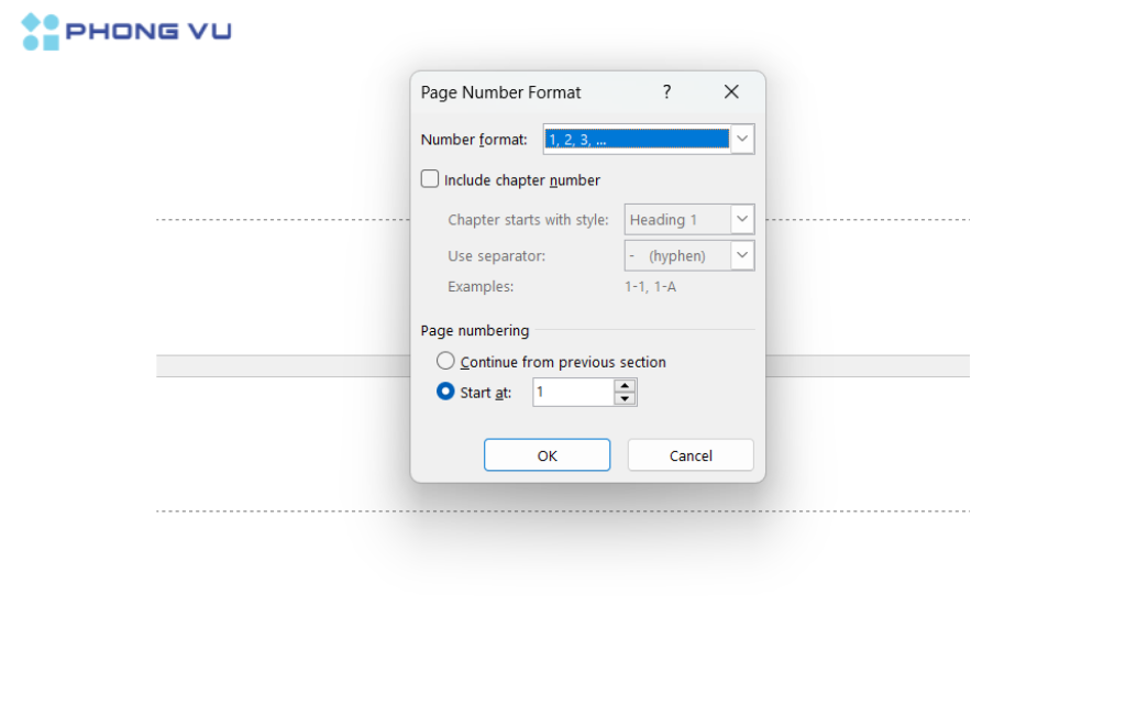 Trong mục "Page numbering", chọn "Start at" và nhập số 1