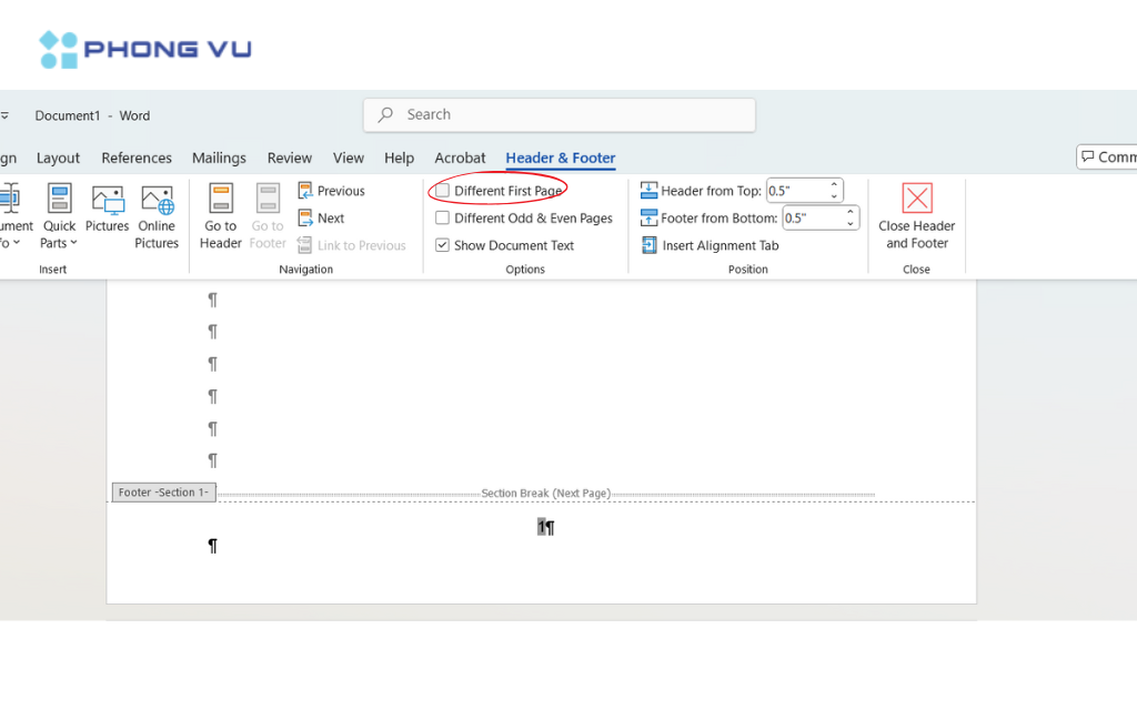 Trong mục Option chọn vào Different first page để xóa đi số ở trang đầu tiên