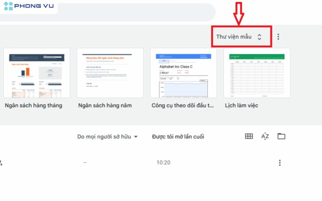 Chọn vào mục Thư viện mẫu trong Google Sheets