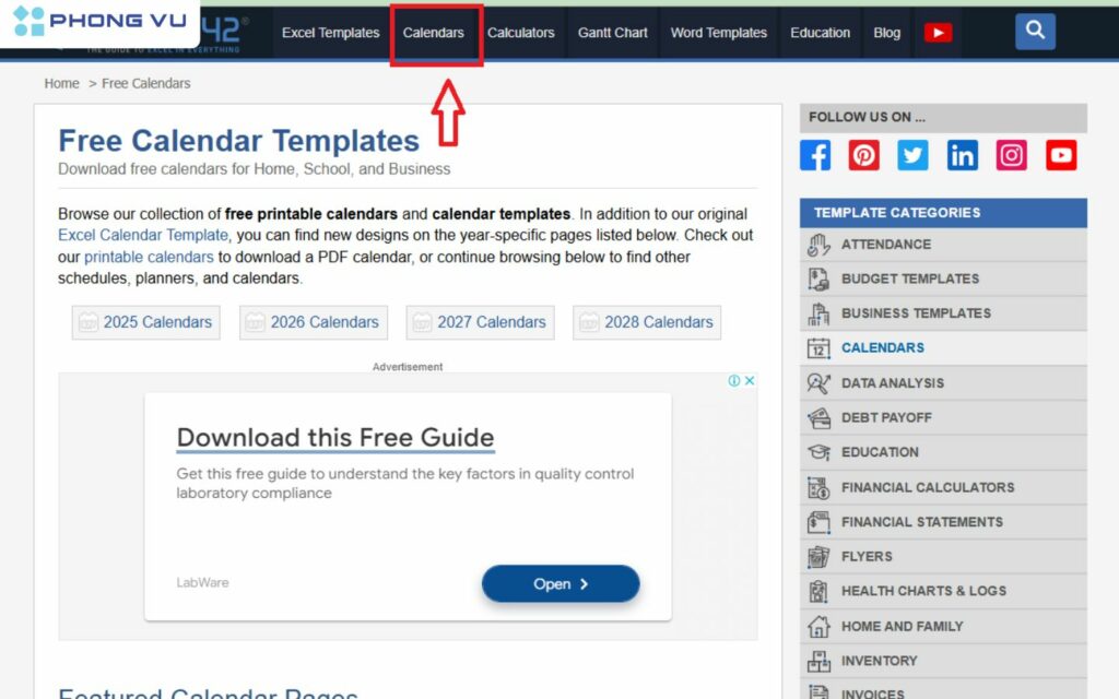 Vào trang web Vertex42 và chọn vào mục Lịch