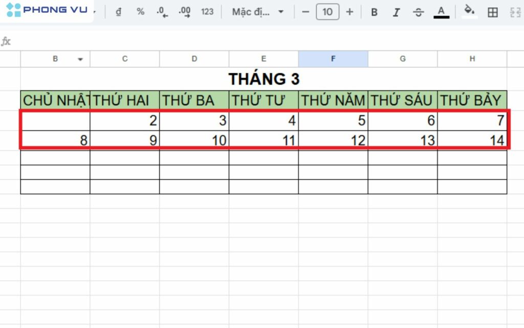 Thiết lập khung lịch trên Google Sheets