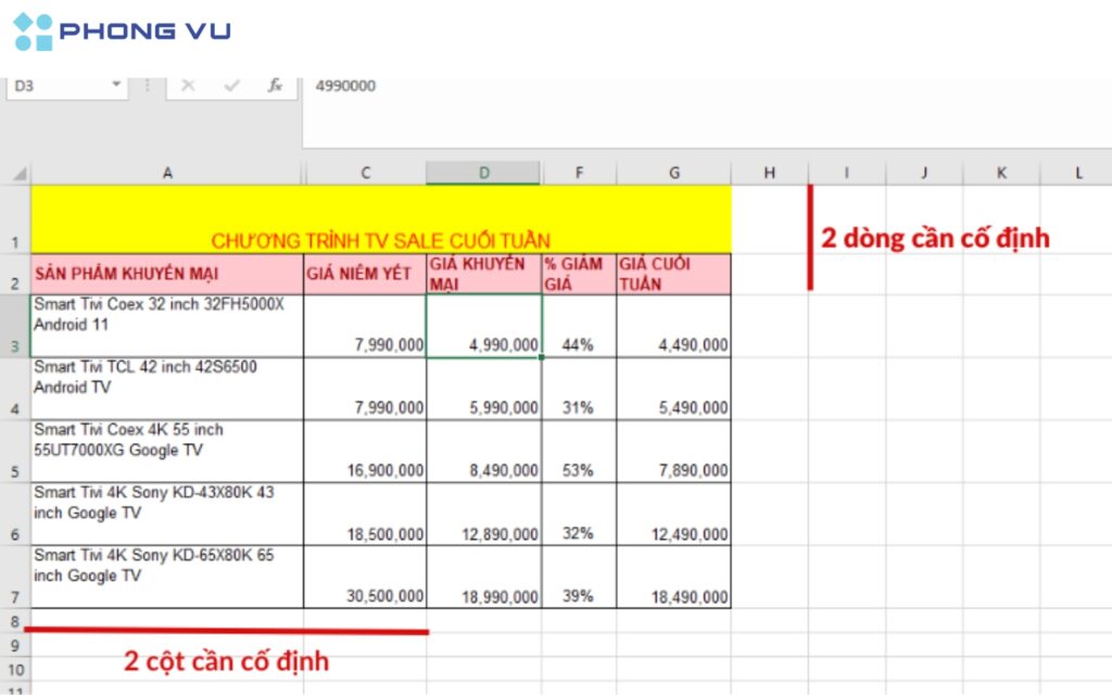Chọn một ô nằm bên dưới dòng cuối cùng và bên phải cột cuối cùng trong nhóm bạn muốn cố định.