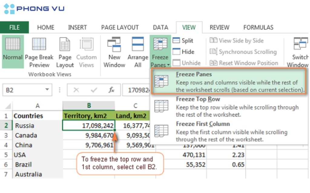  Cách cố định nhiều vùng trong Excel.