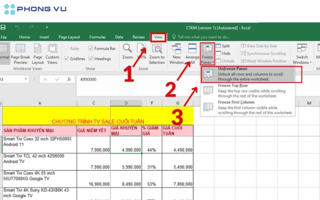 Xóa, gỡ bỏ cố định hàng, cột trong Excel.