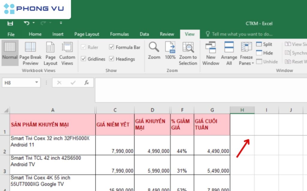Dòng đầu tiên được cố định sẽ được đánh dấu bằng một đường kẻ đậm hơn.