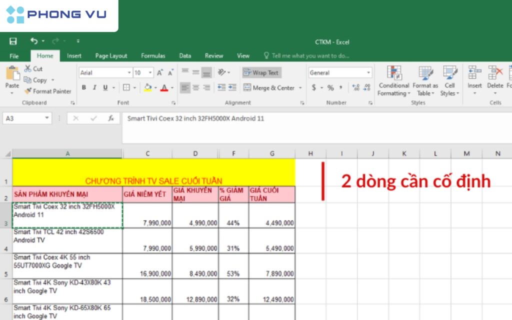  Xác định số dòng cần cố định.