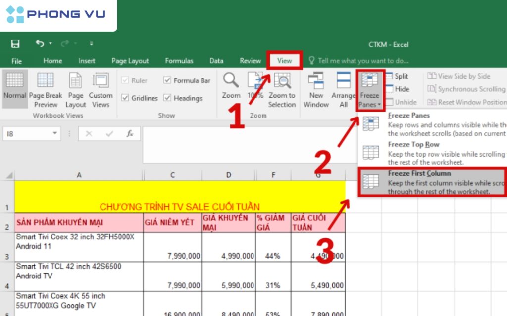Chọn Freeze First Column để cố định cột đầu tiên. 