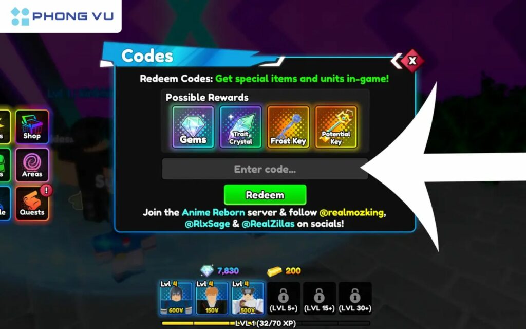 Nhập mã và nhấn Enter để nhận phần thưởng