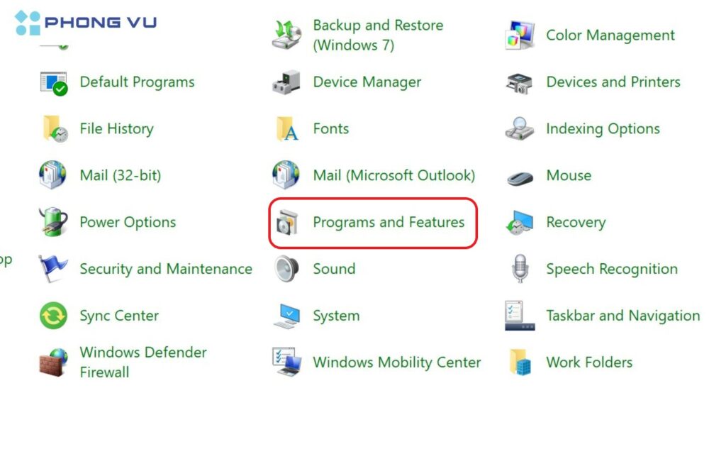Chọn Programs and Features