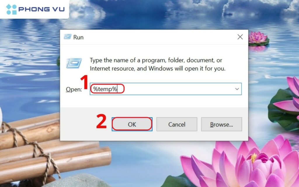 Màn hình Run xuất hiện, gõ %temp%,