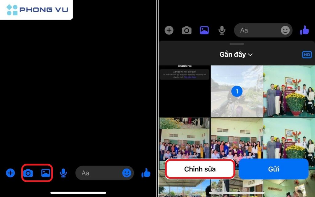 Nhấn vào biểu tượng camera để tiến hành chụp ảnh hoặc gửi video rồi nhấn chọn Chỉnh sửa