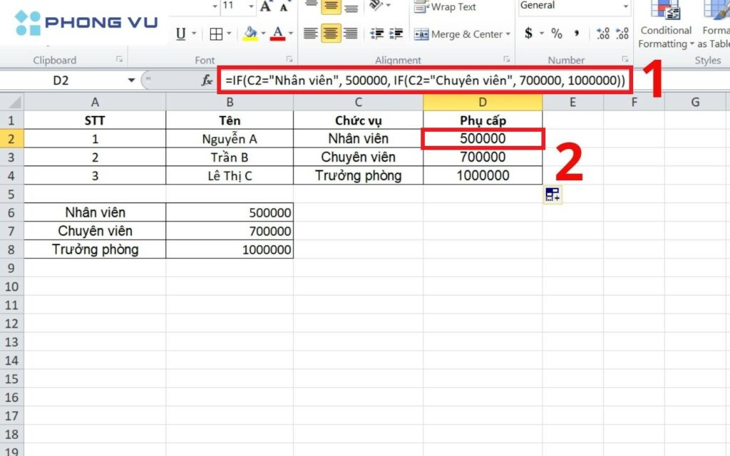 Ví dụ kết hợp nhiều hàm IF trong một công thức